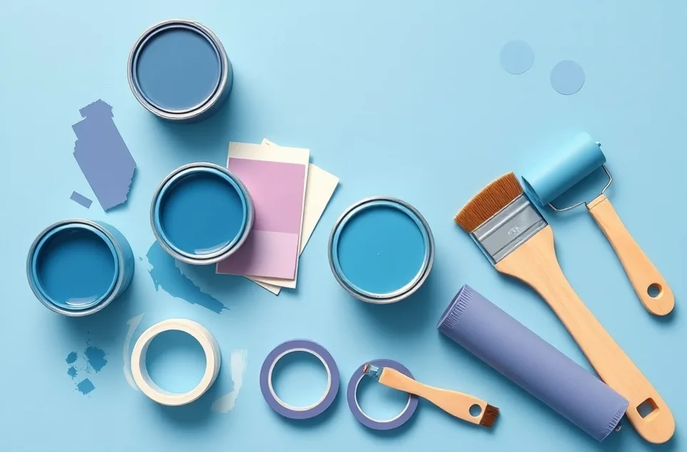 Pots de peinture, nuancier, brosses et rouleaux disposés à plat