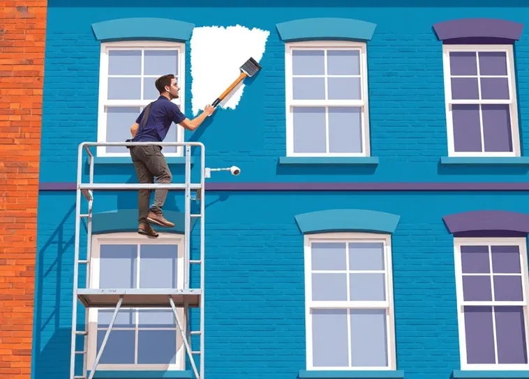 Peintre sur échafaudage traitant la façade d'une maison