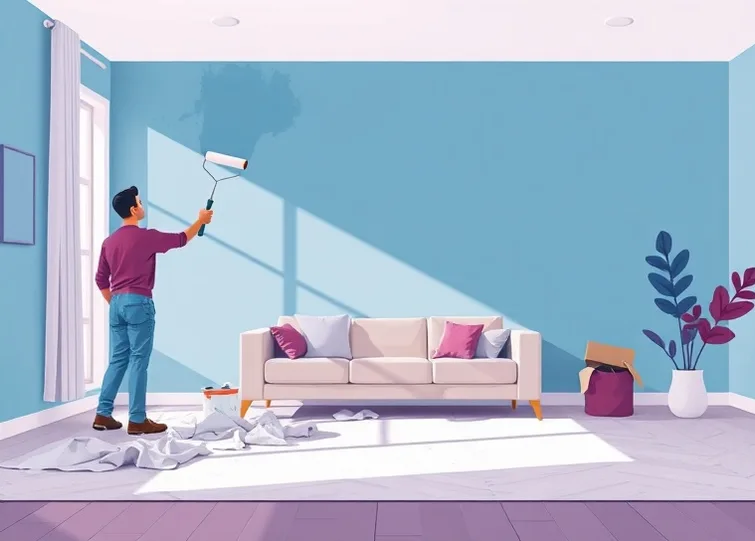 Peintre appliquant la peinture au rouleau sur un mur de salon